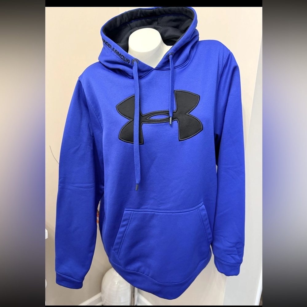 Under Armour Mens Loose fit Sz L Hoodie Pullover Royal Blue Large Black Logo